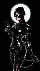 Rule 34 | 1girl, absurdres, animal ears, batman (series), batman returns, black bodysuit, black corset, black eyeshadow, black gloves, black mask, blue eyes, bodysuit, breasts, cat ears, catwoman, catwoman costume (batman returns), claws, corset, dc comics, eyeshadow, gloves, highres, holding, holding whip, jacobady, large breasts, latex, latex bodysuit, lipstick, makeup, mask, pale skin, red lips, selina kyle, solo, stitches, upper body, whip