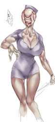 1girl absurdres artist_request breasts bubble_head_nurse cleavage creepy faceless faceless_female gloves hat highres large_breasts monster_girl no_eyes nurse nurse_(silent_hill) nurse_cap pyramid_head shiny_skin silent_hill silent_hill_(series) silent_hill_2 simple_background solo white_gloves
