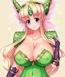 1girl armor blonde_hair blue_eyes blush breasts bridal_gauntlets cleavage collarbone covered_navel forehead_jewel helmet highres huge_breasts long_hair looking_at_viewer pauldrons purple_eyes raochuu riesz seiken_densetsu seiken_densetsu_3 shoulder_armor smile solo upper_body very_long_hair winged_helmet