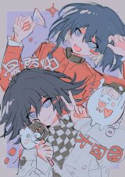 2boys border closed_mouth cocktail_glass creator_connection crossover cup danganronpa_(series) danganronpa_v3:_killing_harmony drinking_glass grey_border hair_between_eyes hand_up long_sleeves male_focus monokuma multiple_boys oma_kokichi open_mouth purple_background purple_eyes purple_hair red_shirt shirt simple_background sirei_(hundred_line) smile teeth the_hundred_line_-last_defense_academy- tsukumo_ima upper_teeth_only v white_shirt