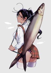 1girl 48hrsinaday absurdres ass backpack bag breasts character_request chinese_clothes dark-skinned_female dark_skin elbow_gloves fingerless_gloves fingernails food genderswap genderswap_(mtf) gloves golden_kamuy hair_ornament highres holding huge_ass koito_otonoshin large_breasts long_hair looking_at_viewer open_mouth panties purple_hair school_uniform solo standing teeth thick_thighs thighs underwear