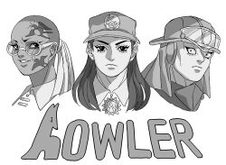 Rule 34 | 1boy, 2girls, absurdres, bald, collared shirt, commentary request, cropped shoulders, dark-skinned female, dark skin, english text, facial tattoo, firefighter, glasses, greyscale, hat, helmet, highres, jojo no kimyou na bouken, key west, laem chabang, long hair, looking at viewer, monochrome, mullet, multiple boys, multiple girls, ningbo, peaked cap, ponytail, portrait, shirt, siniy, tattoo, the jojolands, wing collar