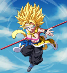 1girl bare_shoulders blonde_hair blue_sky bo_staff breasts caulifla circlet cleavage cloud cosplay crop_top dragon_ball dragon_ball_super green_eyes jewelry looking_at_viewer medium_breasts midriff monkey_girl monkey_tail navel pants rom_(20) scarf sky smile solo spiked_hair staff strapless sun_wukong sun_wukong_(cosplay) super_saiyan tail tube_top wrist_guards