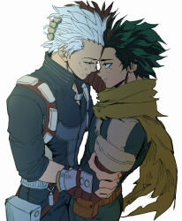 2boys black_eyes boku_no_hero_academia cape closed_mouth commentary face-to-face freckles green_hair highres looking_at_another male_focus midoriya_izuku multicolored_hair multiple_boys red_hair short_hair simple_background split-color_hair superhero_costume tododeku todoroki_shoto todoroki_shouto two-tone_hair white_background white_hair yaoi yellow_cape zazaraza33