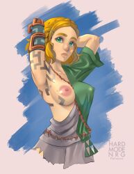 archaic_set_(zelda) blonde_hair covered_erect_nipples green_eyes hardmodenrg highres lips nintendo nipples one_breast_out pointy_ears princess_zelda short_hair the_legend_of_zelda the_legend_of_zelda:_tears_of_the_kingdom