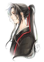 1boy bishounen black_hair black_hanfu chinese_clothes doodle_inset from_side grey_eyes hair_ribbon hanfu highres long_hair looking_to_the_side male_focus modao_zushi parted_lips ponytail profile rabbit red_ribbon ribbon robe sidelocks simple_background solo twitter_username upper_body w2biiro wei_wuxian white_background