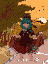Rule 34 | 1girl, absurdres, bow, clothes lift, dress, dress lift, frilled dress, frills, green eyes, green hair, highres, kagiyama hina, kaisouou konbu, looking at viewer, outdoors, red bow, red dress, red ribbon, ribbon, river, solo, touhou, water