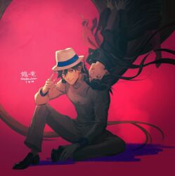 1boy 1girl black_hair black_shoes closed_mouth fate/grand_order fate_(series) gloves hair_between_eyes hat highres jacket oryou_(fate) pants pink_background plytometo sakamoto_ryouma_(fate) scarf shoes sitting upside-down white_gloves white_hat white_jacket white_pants
