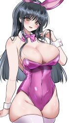 1girl alternate_hairstyle black_hair blue_eyes breasts brown_eyes bursting_breasts cleavage covered_navel half-closed_eyes highres large_breasts leotard long_hair looking_at_viewer open_mouth playboy_bunny rabbit_ears sakura_taisen seductive_gaze seductive_smile sega shinguuji_sakura smile solo thick_thighs thighs tongue wide_hips