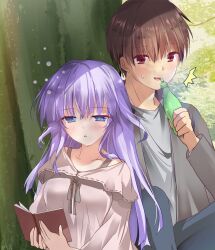 1boy 1girl :d :o ^^^ against_tree asahina_yori blue_eyes blunt_ends blush book bottle brown_hair brown_shirt casual commentary_request commission day eyes_visible_through_hair flying_sweatdrops grey_shirt hair_between_eyes half-closed_eyes hand_up highres holding holding_book holding_bottle long_hair long_sleeves looking_ahead open_book open_mouth outdoors park purple_hair red_eyes second-party_source shirt short_hair shy side-by-side sidelocks skeb_commission smile sorakado_ai summer_pockets sweatdrop takahara_hairi tree upper_body wide_sleeves