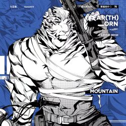 1boy abs animal_ears arknights artist_request bandaged_torso bara character_name claws closed_mouth commentary furry furry_male gun highres holding holding_gun holding_weapon looking_at_viewer male_focus merchandise_available motor_vehicle motorcycle mountain_(arknights) muscular muscular_male pectorals tiger_boy tiger_ears tiger_stripes topless_male weapon