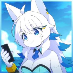 1girl :&lt; :d ahoge android animal_ear_piercing animal_ears animated araunia bella_(dev_voxy) blinking blue_border blue_eyes blue_hair blue_necktie border borrowed_character breasts cellphone cleavage closed_eyes colored_tips detached_collar ear_wiggle fox_ears fox_girl furry furry_female hair_ornament hairclip holding holding_phone long_hair looking_at_phone looking_at_viewer multicolored_hair musical_note necktie ocean open_mouth original phone short_necktie smartphone smile solo upper_body video waving white_hair