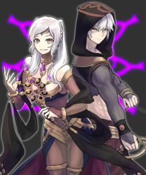 Rule 34 | 1boy, 1girl, alternate costume, black hood, bodystocking, bracelet, breasts, bridal gauntlets, brown eyes, cosplay, dual persona, eyes of grima, female robin (fire emblem), fire emblem, fire emblem awakening, fire emblem heroes, hood, hood up, jewelry, long hair, looking at viewer, male robin (fire emblem), medium breasts, nintendo, parted lips, raphael kirsten, raphael kirsten (cosplay), short hair, tharja (fire emblem), tharja (fire emblem) (cosplay), twintails, white hair, zuzu (ywpd8853)