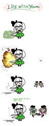 3girls animated animated_gif black_socks blush_stickers comic commentary dancing english_text artistic_error explosion highres konpaku_youmu multiple_girls nishida_satono o3o peachems_(gemu) short_hair_with_long_locks smoke socks teireida_mai touhou white_background