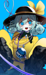 1girl bags_under_eyes bandaid bandaid_on_neck black_hat blouse blue_background blue_eyes blurry blurry_foreground bow buttons collared_shirt constricted_pupils crossed_bangs diamond_button flower-shaped_hair frilled_shirt_collar frilled_sleeves frills fua_yuu hair_between_eyes hands_up hat hat_bow heart heart_of_string highres koishi_day komeiji_koishi looking_at_viewer medium_hair open_mouth raised_eyebrows shirt simple_background skirt smile solo teeth third_eye thorns touhou upper_body very_long_sleeves wide-eyed wide_sleeves yellow_bow yellow_shirt
