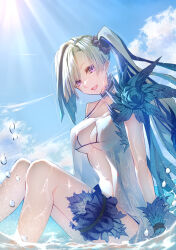1girl absurdres bare_legs bare_shoulders bikini blue_flower blue_hair blue_rose blue_sky breasts brynhild_(fate) brynhild_(swimsuit_berserker)_(fate) brynhild_(swimsuit_berserker)_(first_ascension)_(fate) cloud collarbone fate/grand_order fate_(series) flower frilled_thigh_strap hair_ornament hair_scrunchie high_ponytail highres large_breasts long_hair looking_at_viewer multicolored_hair navel neck_garter ocean open_mouth outdoors ponytail purple_eyes rose scrunchie side_ponytail sitting sky smile soaking_feet solo splashing sunlight swimsuit thigh_strap toomishou two-tone_hair very_long_hair wading water white_bikini