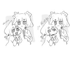 2girls :3 :o animal_ears bear_ears bear_girl before_and_after big_head blunt_bangs blunt_ends blunt_sidelocks borrowed_character brain_freeze cat_ears cat_girl chibi chibi_only chocolate closed_mouth collared_shirt commentary cropped_torso eating eyebrows_hidden_by_hair feeding flying_sweatdrops food from_side greyscale grin gris_(vertigris) half-closed_eyes hands_up height_difference holding holding_another&#039;s_wrist holding_food holding_ice_cream ice_cream ice_cream_bar leaning_forward leaning_on_person long_sleeves looking_at_another low_twintails medium_hair monochrome multiple_girls narrowed_eyes neqo_(character) neqo_(neneneqo) nervous_smile nervous_sweating no_nose open_mouth original own_hands_together parted_lips raised_inner_eyebrows shirt short_hair sidelocks sketch sleeves_rolled_up smile solid_oval_eyes sound_effects straight-on sweat symbol-only_commentary teeth thick_eyebrows twintails upper_teeth_only w_arms white_background yurie_mouth