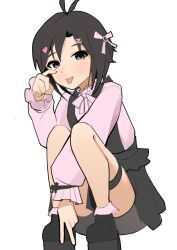 Rule 34 | 1girl, :p, absurdres, antenna hair, black eyes, black hair, black shoes, black skirt, ch2haya p, closed mouth, eyelid pull, full body, hair ornament, hair ribbon, hairclip, hand up, heart, heart hair ornament, highres, idolmaster, idolmaster (classic), jirai kei, kikuchi makoto, long sleeves, looking at viewer, pink ribbon, pink shirt, ribbon, shirt, shoes, short hair, simple background, skirt, solo, squatting, tongue, tongue out, white background