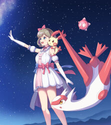 ! !! 1girl blue_eyes brown_eyes commentary_request crossed_arms crossover elbow_gloves floating gen_3_pokemon gen_7_pokemon gloves grey_hair hair_ribbon highres latias legendary_pokemon levitation love_live! love_live!_superstar!! medium_hair minior night night_sky nintendo open_mouth outdoors plusle pokemon pokemon_(creature) ribbon sky standing star_(sky) starry_sky tang_keke tiny_stars tsukimi_seiya yellow_eyes
