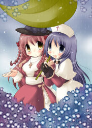Rule 34 | 2000s (style), 2girls, acolyte (ragnarok online), black gloves, black hat, blue background, blue eyes, blue flower, blush, bow, braid, breasts, capelet, closed mouth, commentary request, cross, cross necklace, dress, fedora, flower, gloves, hat, high priest (ragnarok online), hydrangea, jewelry, juliet sleeves, leaf umbrella, long hair, long sleeves, looking at viewer, medium breasts, multiple girls, necklace, nurse cap, open mouth, pink hair, puffy sleeves, purple bow, purple flower, purple hair, ragnarok online, rain, red dress, red shirt, sash, shirt, skirt, smile, takatou ayumi, twin braids, two-tone dress, upper body, white capelet, white dress, white hat, white sash, white skirt