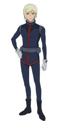 1boy belt black_bodysuit black_boots blonde_hair bodysuit boots full_body gates_capa gloves green_eyes grey_belt gundam gundam_gquuuuuux hand_on_own_hip highres looking_at_viewer male_focus mecha_pilot_suit official_art short_hair simple_background single_sidelock solo standing transparent_background white_gloves