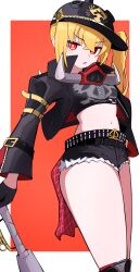 1girl black_jacket blonde_hair breasts combat_helmet contrapposto crop_top cropped_jacket helmet highres holding_baton_(weapon) jacket looking_at_viewer luciana_de_montefio midriff navel pickelhaube short_shorts shorts side_ponytail small_breasts solo standing thick_thighs thighs yuntaro_(ramen_star) zenless_zone_zero