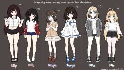 6+girls aqua_eyes bare_legs black_hair black_shoes black_shorts blonde_hair blue_eyes blue_shoes brown_dress brown_hair brown_shoes character_name commentary comodox dress english_commentary english_text faeryn_(comodox) full_body grey_jacket hair_bobbles hair_ornament highres jacket lilly_(comodox) long_hair low_twintails lulla_(comodox) maryn_(comodox) mila_(comodox) miu_(comodox) mother_and_daughter multiple_girls no_shoes original red_eyes red_jacket shirt shoes short_shorts short_sleeves shorts sketch standing twintails two_side_up white_dress white_shirt