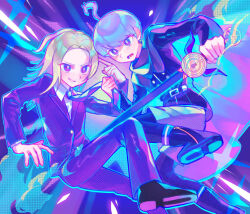 ahoge black_footwear black_jacket blonde_hair blue_cape blue_outline boots bright_pupils cape collared_shirt foot_out_of_frame formal_clothes highres holding_necktie iro_(mywife_sunny) jacket long_hair long_sleeves looking_at_viewer makoto_kagutsuchi male_focus master_detective_archives:_rain_code necktie no_mask open_mouth outline pants purple_background purple_eyes purple_hair purple_jacket purple_pants purple_suit shirt shoe_soles shoes short_hair smile sparkle suit white_pupils white_shirt yuma_kokohead