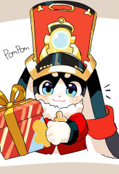 1boy :3 absurdres animal_ears blush box character_name coat commentary english_commentary fur-trimmed_coat fur_trim furry furry_male gift gift_box hat highres holding holding_gift honkai:_star_rail honkai_(series) looking_at_viewer male_focus notice_lines nyangtanyang pom-pom_(honkai:_star_rail) rabbit_ears red_coat red_hat smile
