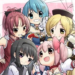 5girls absurdres akemi_homura black_hair black_ribbon blonde_hair blue_eyes blue_hair durchfallkaffee_levante food hair_ribbon highres holding holding_food holding_pocky kaname_madoka mahou_shoujo_madoka_magica medium_hair miki_sayaka multiple_girls orange_hair pink_eyes pink_hair pocky purple_eyes red_eyes red_hair ribbon sakura_kyoko salute short_twintails tomoe_mami twintails two-finger_salute yellow_eyes