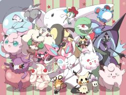 ;d alcremie aromatisse carbink claws clefairy closed_eyes commentary_request dedenne floette gardevoir gen_1_pokemon gen_2_pokemon gen_3_pokemon gen_4_pokemon gen_5_pokemon gen_6_pokemon gen_7_pokemon gen_8_pokemon green_eyes hatterene highres impidimp jigglypuff klefki legendary_pokemon looking_at_viewer marill mawile mimikyu morelull nintendo one_eye_closed open_mouth pokemon pokemon_(creature) ribombee shabana_may smile star_(symbol) swirlix sylveon tapu_fini toes togekiss whimsicott