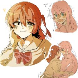 2girls bab13081 blue_eyes blush bocchi_the_rock! bow bowtie brown_sailor_collar brown_shirt closed_eyes commentary_request gotoh_hitori heart highres imminent_kiss kita_ikuyo korean_commentary licking_lips long_hair looking_at_another multiple_girls one_side_up open_mouth pink_hair red_bow red_bowtie red_hair sailor_collar school_uniform shirt shuka_high_school_uniform simple_background sweat tongue tongue_out white_background yuri