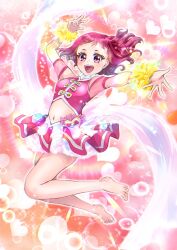 1girl barefoot clothing_cutout commentary cosplay cure_yell cure_yell_(cosplay) dress full_body heart henshin highres hugtto!_precure jumping legs_up looking_at_viewer manekineko5319 medium_hair navel nono_hana open_mouth outstretched_arms pink_background pink_dress pink_eyes pink_hair pouch precure scrunchie self_cosplay short_dress short_sleeves shoulder_cutout smile solo sparkle spread_arms stomach_cutout wrist_scrunchie yellow_scrunchie