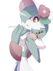 bob_cut bonnet colored_skin dress flower food gardevoir gardevoir_(fashionable) gen_3_pokemon green_hair green_skin hair_over_one_eye hat hat_flower holding holding_food multicolored_skin narumiya_pkmn nintendo pink_eyes pink_flower pokemon pokemon_(creature) pokemon_unite signature simple_background two-tone_skin white_background white_dress white_hat white_skin