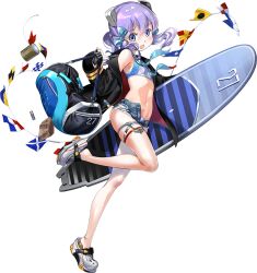 1girl bag bikini black_jacket blue_bikini blue_eyes blue_shorts breasts commentary_request crocs cutoffs denim denim_shorts full_body hair_ribbon headgear jacket kantai_collection langley_(kancolle) langley_(swimsuit)_(kancolle) looking_at_viewer medium_hair naval_flag official_alternate_costume official_art open_clothes open_fly open_jacket purple_hair ribbon shoes shorts simple_background small_breasts solo swimsuit third-party_source torn_clothes torn_shorts translation_request white_background white_shoes zeco