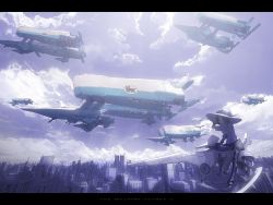 1girl aircraft brown_hair city cityscape cloud dirigible female_focus hat highres hover_bike letterboxed mecha original riding robot scenery science_fiction short_hair skirt sky skyline solo spacecraft the_machine_planet tsukuba_masahiro witch_hat yamaha yamato_transport