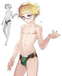 1boy absurdres bana_gameg bishounen blonde_hair brown_male_underwear bulge earrings emilie_(genshin_impact) genderswap genderswap_(ftm) genshin_impact glasses green_male_underwear highres jewelry male_focus male_underwear multicolored_hair multicolored_male_underwear navel nipples pink_eyes semi-rimless_eyewear short_hair smile solo stomach teeth topless_male underwear