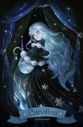 1girl artist_name black_capelet black_robe bunnyhopart candelabra candlestand capelet carolina_(afk) character_name curtained_hair curtains from_behind grey_eyes grey_hair highres holding_candlestand long_hair looking_back neck_ruff parted_bangs parted_lips robe snowflake_print solo sparkle stage_curtains vertical-striped_capelet vertical-striped_robe white_hair