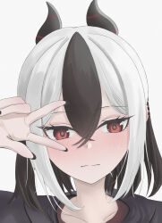1girl black_hair black_horns black_nails blue_archive closed_mouth collarbone commentary_request demon_horns ear_piercing hair_between_eyes hand_up highres horns kayoko_(blue_archive) looking_at_viewer no_halo piercing ponytail portrait red_eyes sidelocks simple_background solo w w_over_eye wavy_mouth white_background white_hair yu_soft029