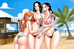 3girls ass beach black_hair blue_eyes boa_hancock breasts cleavage earrings huge_breasts iury_padilha jewelry large_breasts long_hair multiple_girls nami_(one_piece) navel nico_robin one_piece orange_hair sideboob smile underboob