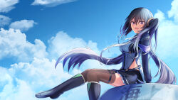1girl :d black_hair black_skirt black_thighhighs blue_sky boots breasts brown_thighhighs cloud day floating_hair garter_straps hair_between_eyes hair_ornament highres knee_boots long_hair long_sleeves looking_at_viewer medium_breasts open_mouth original outdoors purple_eyes shirt side_ponytail sitting skirt sky smile solo thighhighs thighhighs_under_boots tooto_(ryuto333) twintails very_long_hair