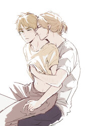 Rule 34 | 2boys, axis powers hetalia, black pants, blonde hair, blush, brown pants, closed eyes, closed mouth, collarbone, commentary request, france (hetalia), green eyes, highres, hug, hug from behind, looking at another, loudun ff, male focus, multiple boys, one eye closed, pants, ponytail, shirt, short hair, short ponytail, short sleeves, simple background, sitting, sitting on person, smile, t-shirt, united kingdom (hetalia), white background, white shirt, yaoi, yellow shirt