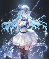 1girl aqua_hair armor bare_shoulders beckoning belt black_thighhighs blue_hair boots breasts cleavage commentary_request cygames diffraction_spikes dragon_girl dragon_tail dress elbow_gloves flower frills garter_straps gauntlets gloves greaves hair_flower hair_ornament holding holding_weapon horns light_particles long_hair looking_at_viewer medium_breasts outstretched_hand pink_eyes pointy_ears polearm ponzu_(catponz) shadowverse simple_background skirt solo sparkle standing tail thighhighs water weapon white_dress whitefrost_dragonewt_filene