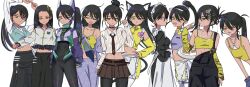 1girl animal_ears apron black_hair brown_skirt cat_ears cat_girl cat_tail commentary_request cowboy_shot food gundam gundam_gquuuuuux hand_on_own_hip hasu_175 highres holding holding_plate long_hair maid maid_apron maid_headdress mecha_musume midriff navel necktie nyaan_(gundam_gquuuuuux) plate ponytail red_eyes shirt skirt tail unconventional_maid very_long_hair waist_apron white_apron white_background yellow_eyes yellow_shirt