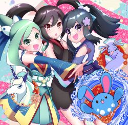 3girls :d :o alternate_color azumarill bare_shoulders black_hair blush dawn_(new_year&#039;s_2023)_(pokemon) dawn_(pokemon) detached_sleeves earrings from_side furisode_girl_(pokemon) furisode_girl_kali galarian_form galarian_rapidash game_freak gen_2_pokemon gen_7_pokemon gen_8_pokemon green_eyes green_hair grey_eyes hug japanese_clothes jewelry kimono lisia_(new_year&#039;s_2023)_(pokemon) lisia_(pokemon) looking_at_viewer memo14030037 multiple_girls nintendo official_alternate_costume official_alternate_hairstyle open_mouth oricorio oricorio_(sensu) pokemon pokemon_(creature) pokemon_masters_ex pokemon_xy ponytail red_eyes shiny_pokemon smile twitter_username