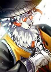 1boy bowchanrou_(b0tar0) claws closed_mouth commentary cosplay english_commentary furry furry_male hair_over_one_eye highres male_focus pan_yinhu pan_yinhu_(cosplay) red_eyes round_eyewear upper_body von_lycaon white_background wolf_boy zenless_zone_zero