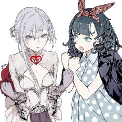 Rule 34 | 2girls, arm armor, blue eyes, character request, commentary request, curly hair, dress, fairy tale girls land, flexing, flower, gloves, grey gloves, hairband, highres, jino, multiple girls, official art, open mouth, polka dot, polka dot dress, red flower, red rose, rose, sidelocks, simple background, sinoalice, skirt, snow white (sinoalice), sweatdrop, white background