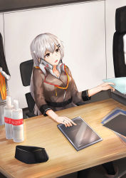 1girl absurdres belt black_belt breasts brown_jacket cellphone chair cradling_phone garrison_cap girls&#039;_frontline grey_eyes grey_hair hat highres huge_filesize jacket jewelry long_hair looking_away medium_breasts military military_hat military_uniform muteppona_hito office office_chair open_mouth paper phone ring shirt smartphone smirnoff_(vodka) solo svd_(girls&#039;_frontline) swivel_chair table tablet_pc talking_on_phone unworn_hat unworn_headwear white_shirt
