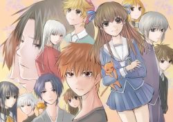 4girls 6+boys 6+girls bad_id bad_pixiv_id blue_skirt brown_hair cat cowboy_shot crossed_arms fruits_basket green_(gurin) holding honda_tooru long_hair mouse_(animal) multiple_boys multiple_girls school_uniform serafuku skirt sohma_akito sohma_ayame sohma_hatori sohma_hatsuharu sohma_hiro sohma_isuzu sohma_kagura souma_kisa sohma_kureno sohma_kyou sohma_momiji sohma_ritsu sohma_shigure sohma_yuki yellow_background