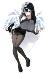 Rule 34 | 1girl, angel wings, black eyes, black hair, black pantyhose, black shirt, black skirt, breasts, genderswap, genderswap (mtf), hair between eyes, highres, lab coat, large breasts, limbus company, long hair, nabiii0031, pantyhose, project moon, sang yi (project moon), shirt, simple background, skirt, solo, thighs, white background, wings